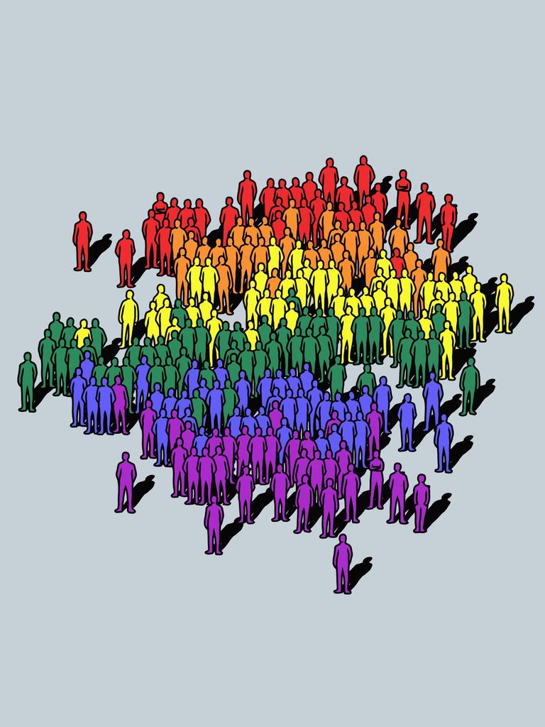 Illustration: Eine regenbogenfarbene Menschenmenge auf neutralem Hintergrund.
