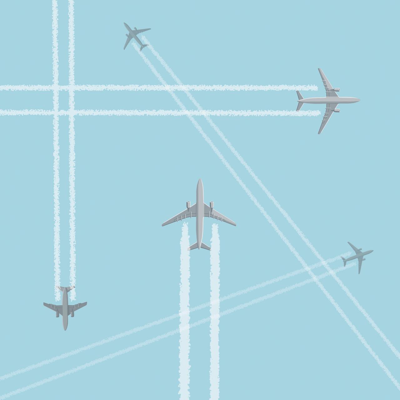 Illustration: Viele Flugzeuge am Himmel, die Kondensstreifen hinterlassen.