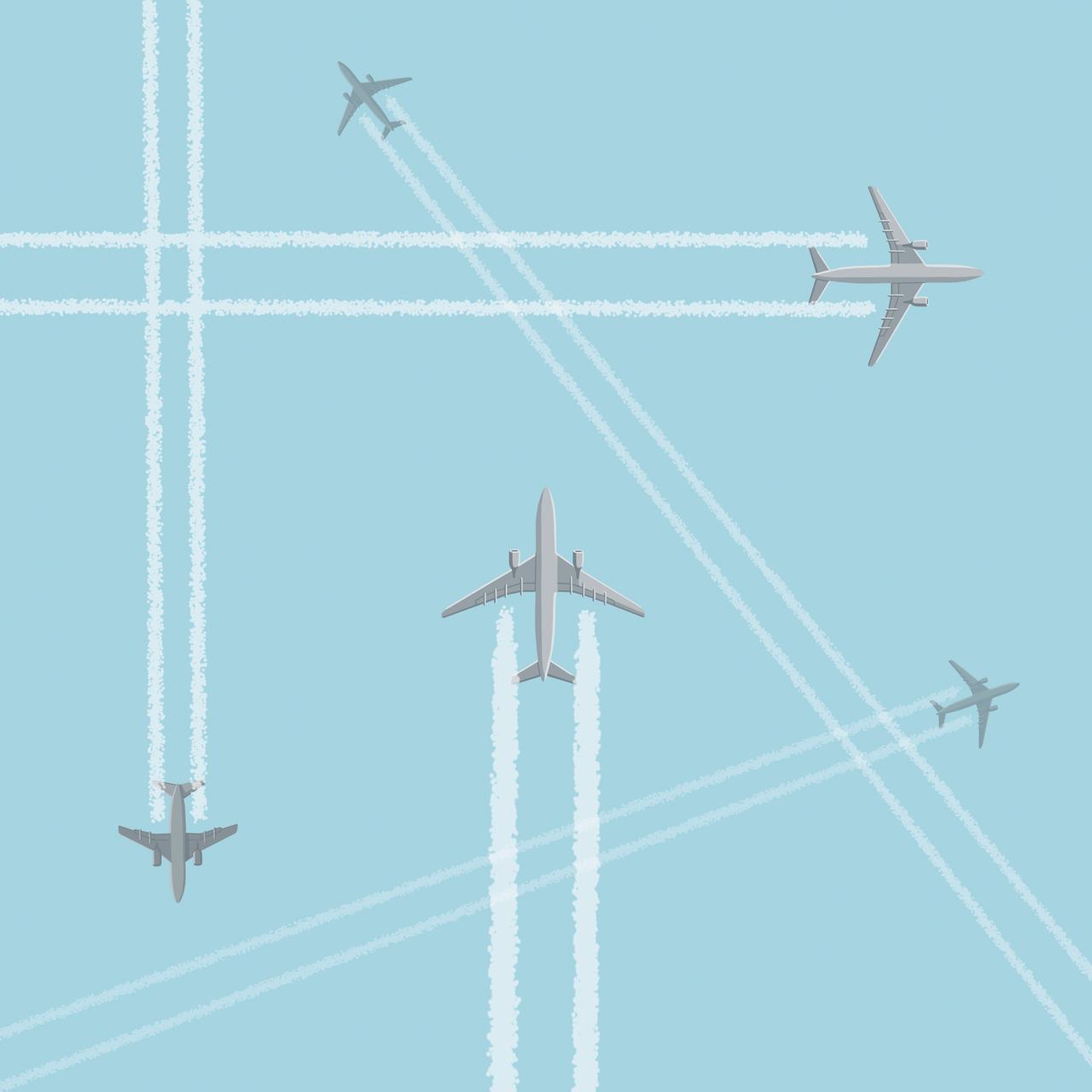 Illustration: Viele Flugzeuge am Himmel, die Kondensstreifen hinterlassen. Illustration: Viele Flugzeuge am Himmel, die Kondensstreifen hinterlassen.