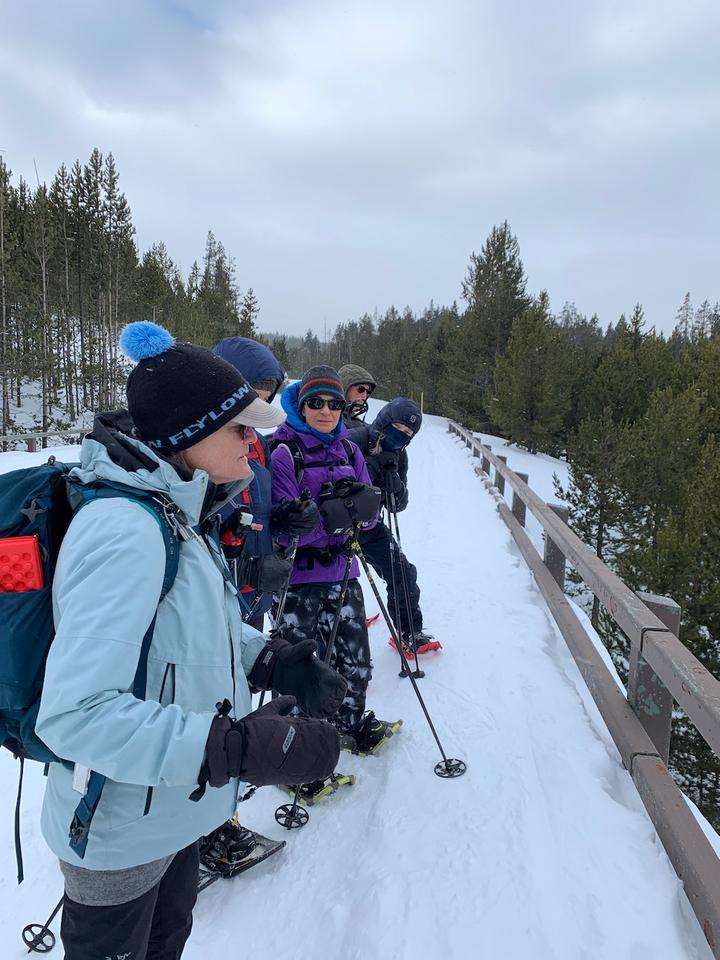 Eine Gruppe in Winterausrüstung steht am Rande eines Waldes im Schnee. Eine Gruppe in Winterausrüstung steht am Rande eines Waldes im Schnee.