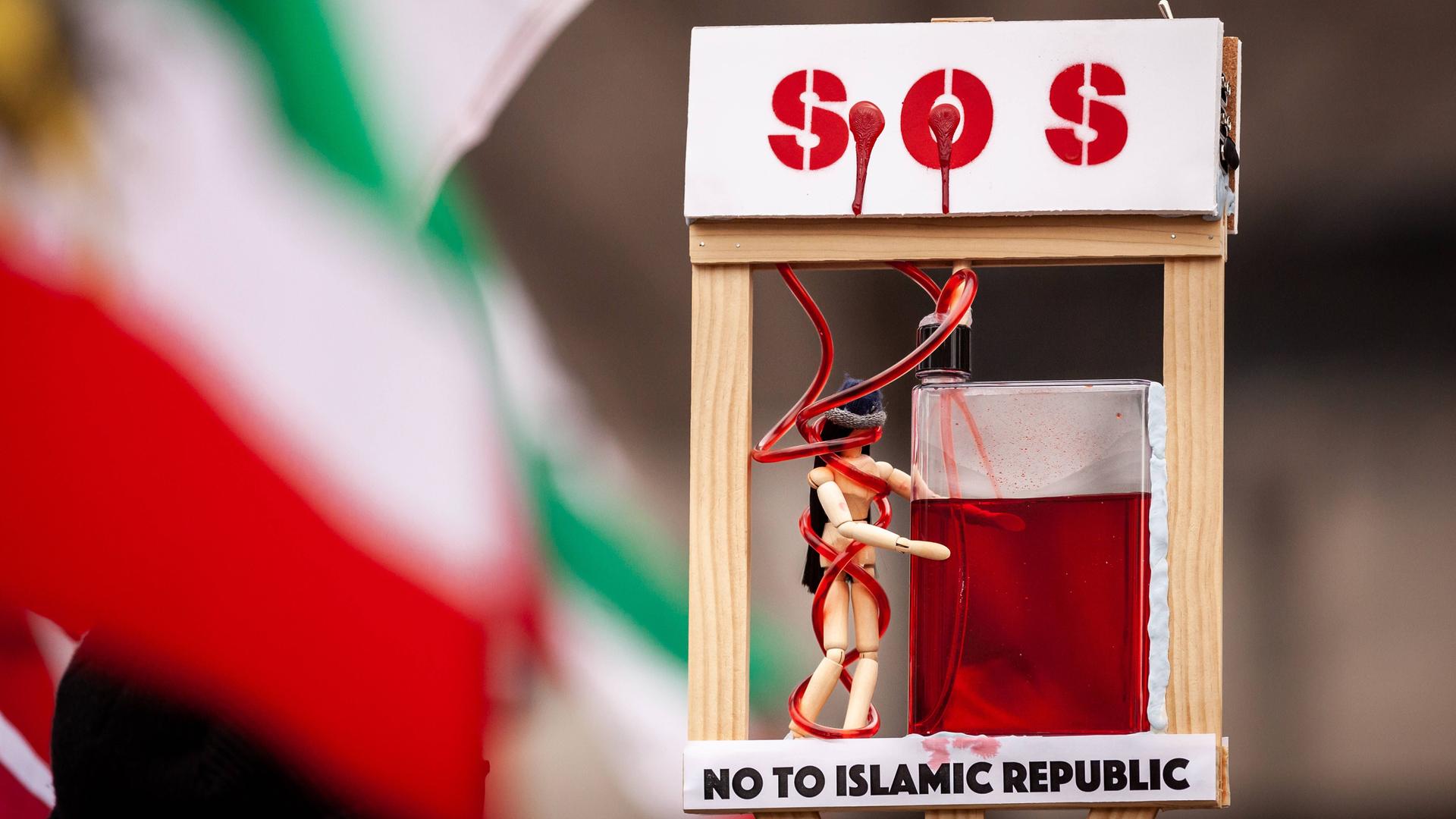 Auf einer Demonstration in Washington gegen die iranische Regierung haben Teilenehmende ihrem Zorn mit Plakaten und Darstellungen Ausdruck verliehen Auf einer Demonstration in Washington gegen die iranische Regierung haben Teilenehmende ihrem Zorn mit Plakaten und Darstellungen Ausdruck verliehen
