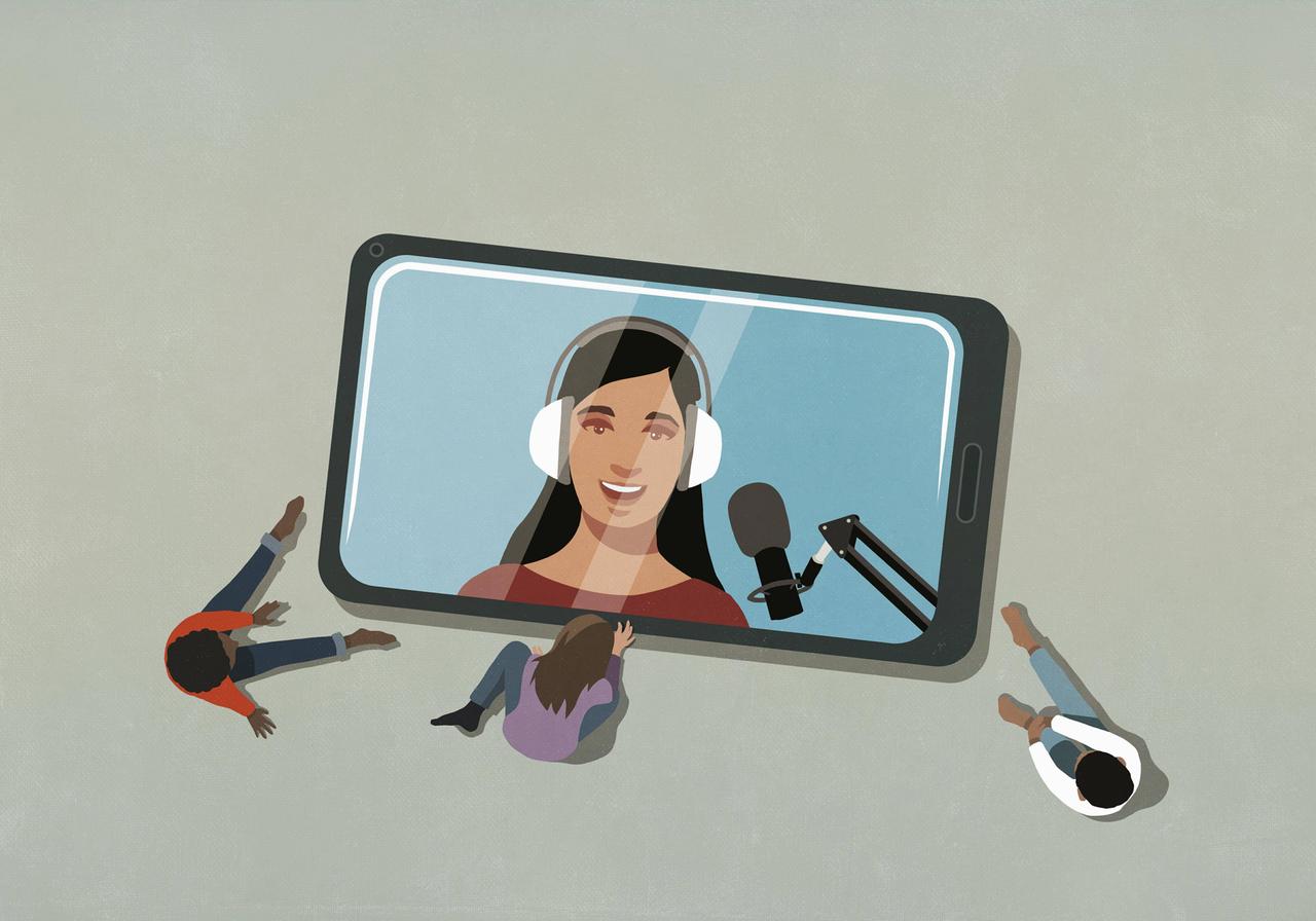 Eine Illustration zeigt Jugendliche, die gemeinsam einen Vlogger auf einem riesigen Bildschirm eines Smartphones ansehen. Eine Illustration zeigt Jugendliche, die gemeinsam einen Vlogger auf einem riesigen Bildschirm eines Smartphones ansehen.