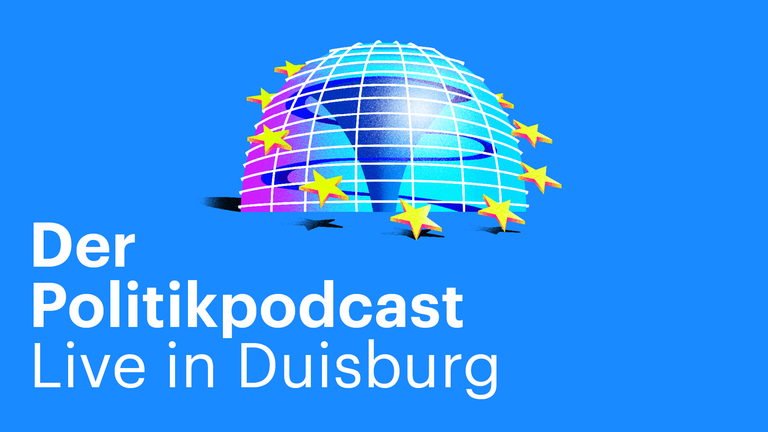 Das Logo zeigt den Schriftzug "Der Politikpodcast" in einer Bildcollage mit der Reichstagskuppel in Berlin.