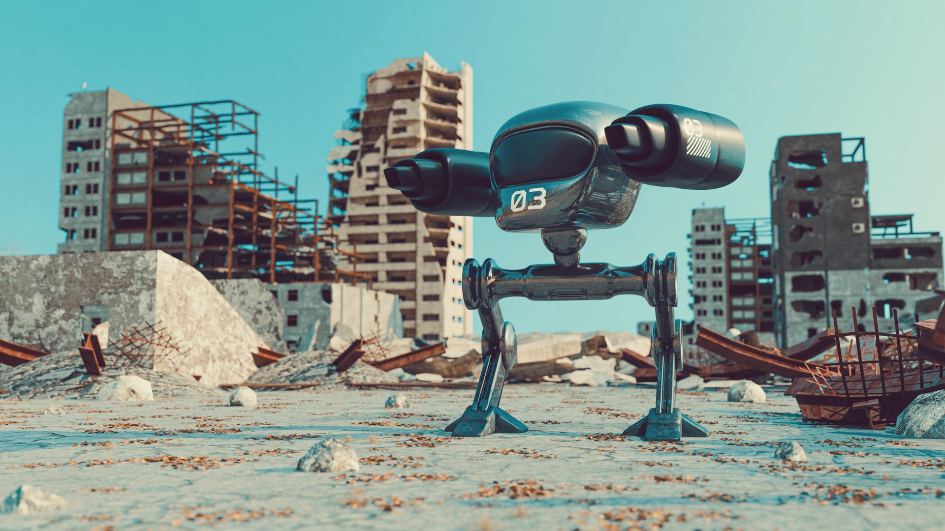 Ein futuristischer Kriegsroboter mit Waffen steht mitten in einer zerstörten Stadt.