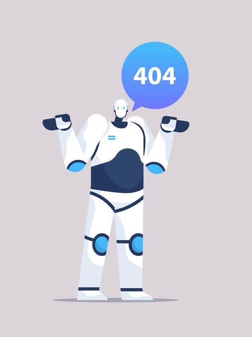Illustration eines Roboters - in einer Sprechblase ist die Fehlermeldung 404 zu lesen