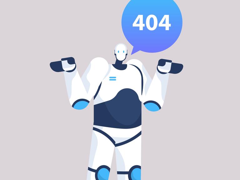 Illustration eines Roboters - in einer Sprechblase ist die Fehlermeldung 404 zu lesen
