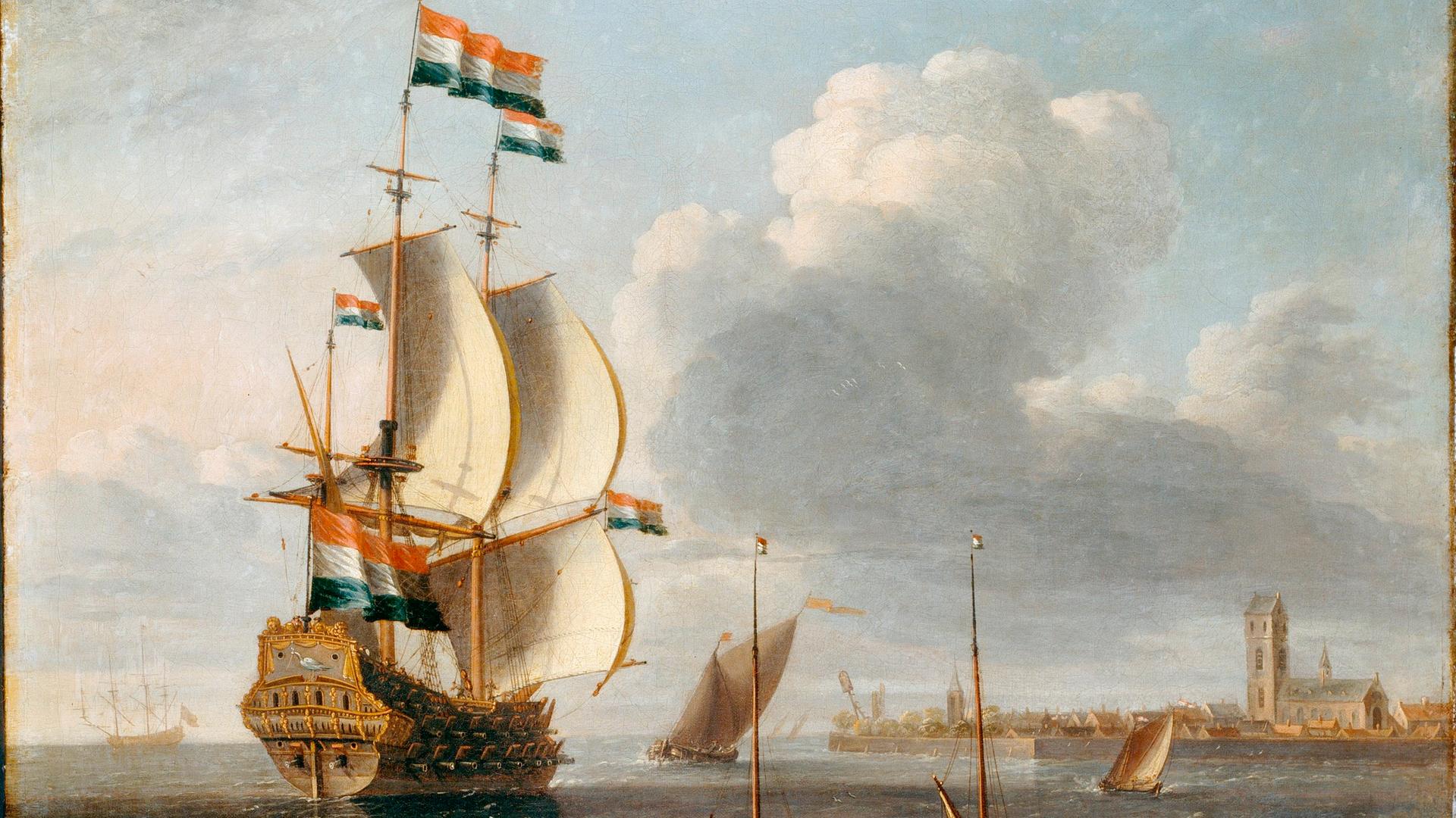 "Ein holländischer Ostindienfahrer vor Hoorn": Undatiertes Ölgemälde des flämischen Malers Lorenzo Castro Das Bild zeigt ein Segelschiff unter holländischer Flagge nahe der Küste. 