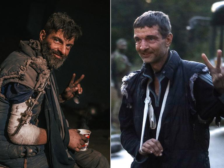 Kombination von zwei Fotos: Mykhailo Dianov vom Azow-Regiment im Mai 2022 und bei der Freilassung am 22. September 2022, Ukraine.