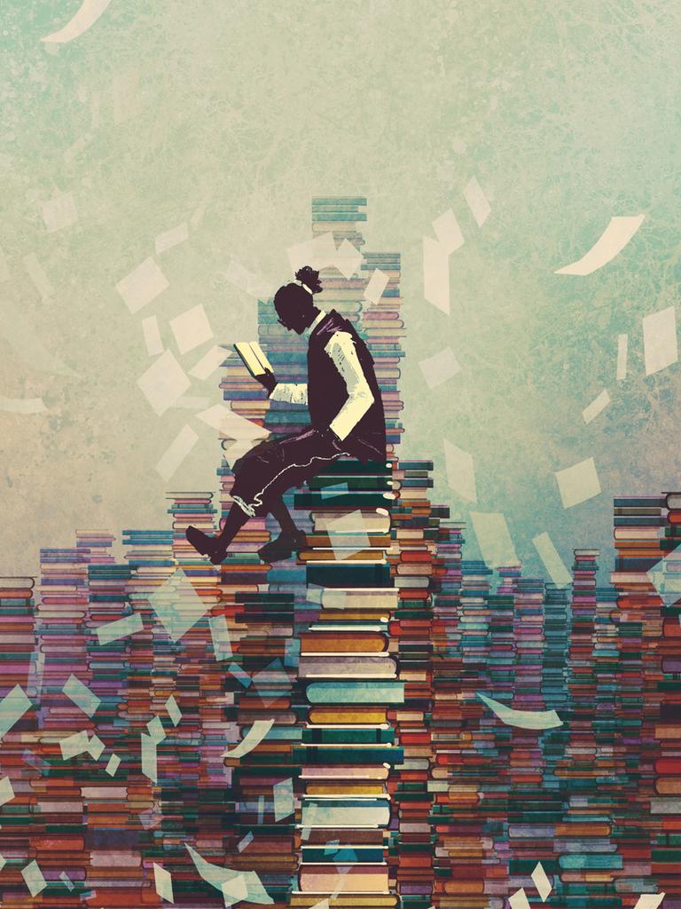 Illustration: Ein Mensch sitzt lesend auf einem riesigen Buchstapel, Buchseiten fliegen um ihn herum.