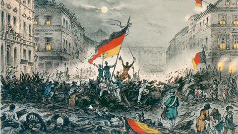 Märzrevolution 1848 in Berlin: Barrikade nach Kämpfen vom 18.und 19. März in der Breiten Straße. Zeitgenössische Kreidelithographie, koloriert.