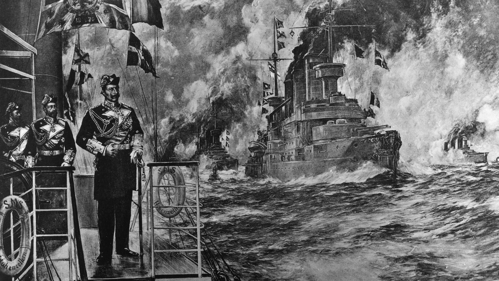 Das Wandgemälde "Kaiser Wilhelm und seine Flotte" von 1906 zeigt den deutschen Kaiser Wilhelm II., Prinz Heinrich und Großadmiral Alfred von Tirpitz. 