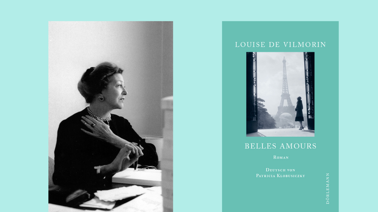 Die Schriftstellerin Louise de Vilmorin und das Cover ihres Romans „Belles amours“