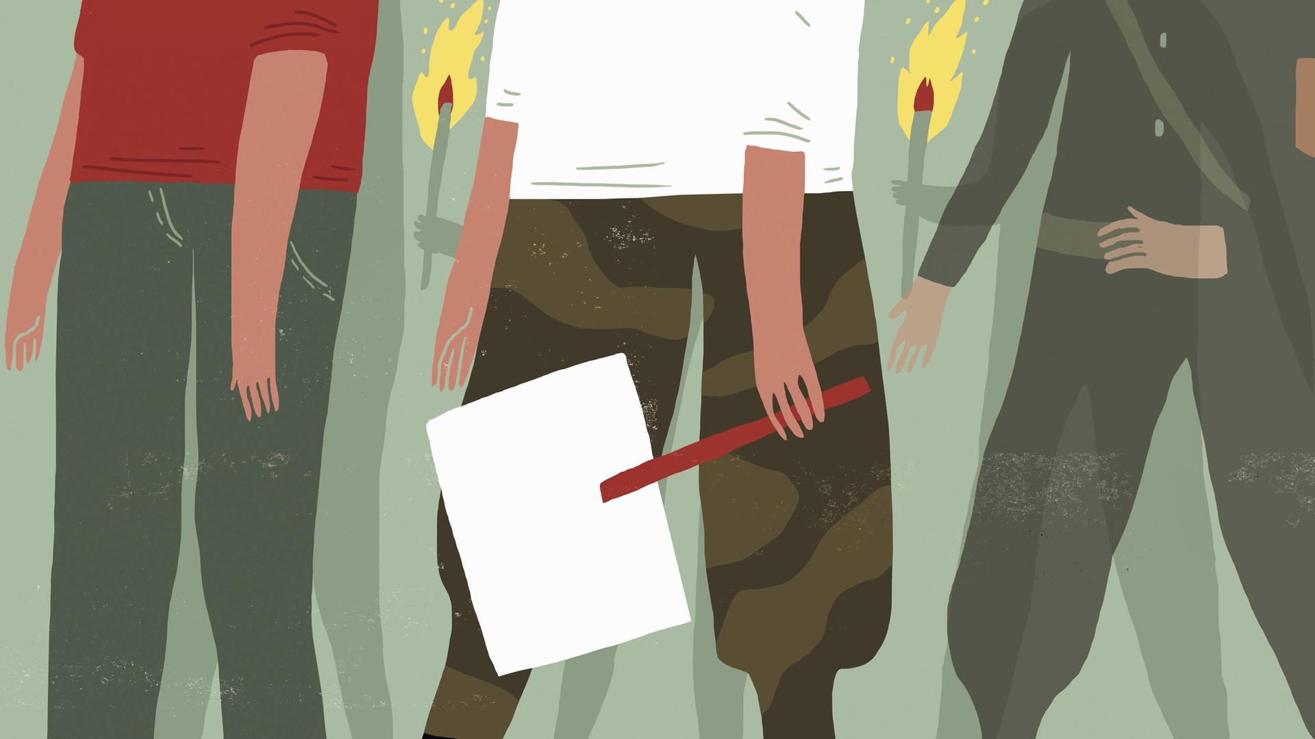 Illustrationen: Beine von Menschen, die mit Fakeln demonstrieren. Illustrationen: Beine von Menschen, die mit Fakeln demonstrieren.