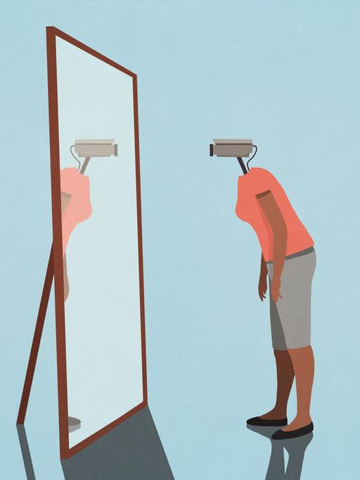 Eine Illustration zeigt einen Frauenkörper mit einer Kamera als Kopf die sich in einem Spiegel betrachtet.