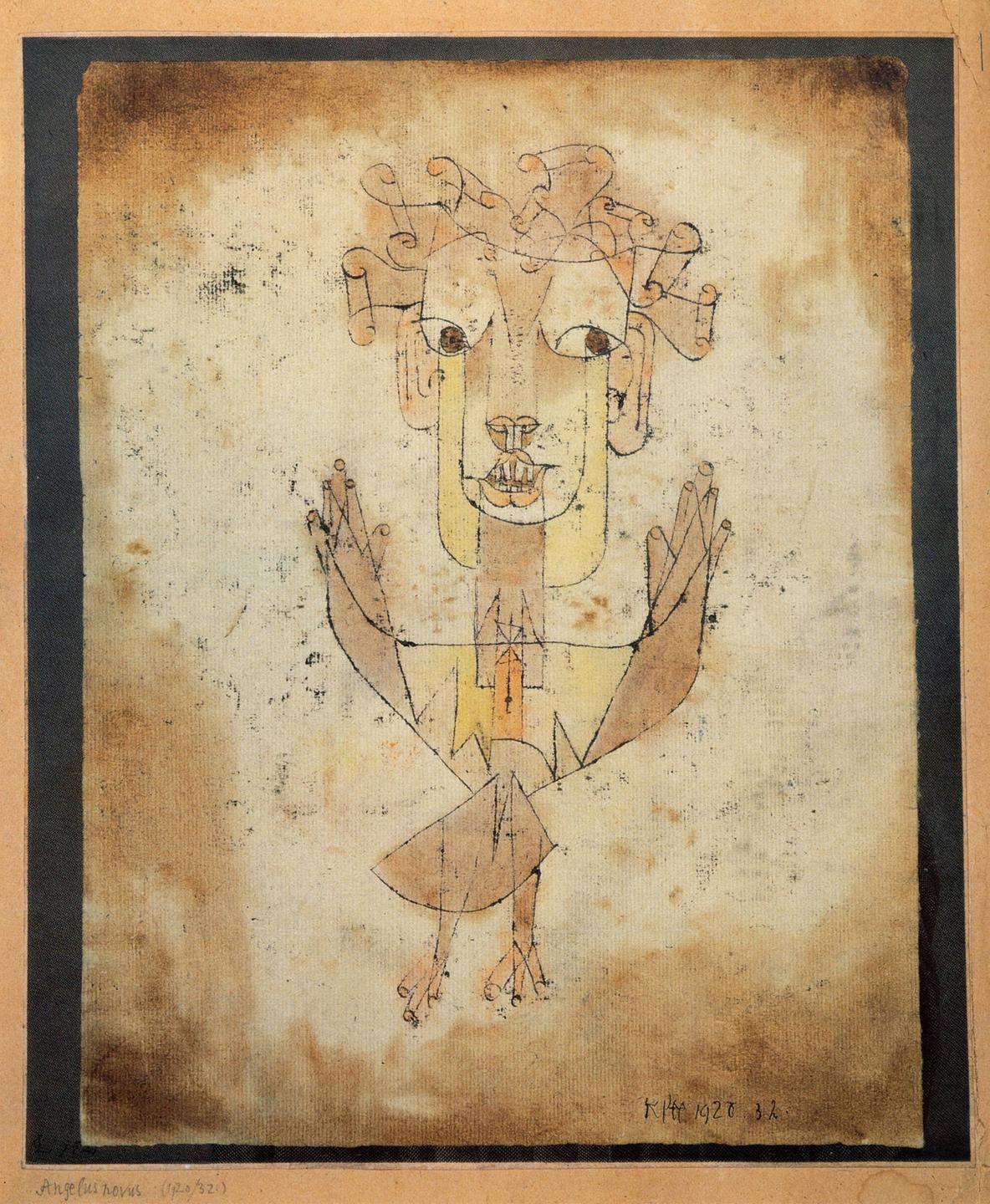 Das Gemälde "Angelus Novus" von Paul Klee zeigt eine Engelsgestalt mit erhobenen Armen oder Flügeln, gezeichnet in feinen schwarzen Linien auf einem bräunlich-weißen Untergrund. Das Gemälde "Angelus Novus" von Paul Klee zeigt eine Engelsgestalt mit erhobenen Armen oder Flügeln, gezeichnet in feinen schwarzen Linien auf einem bräunlich-weißen Untergrund.