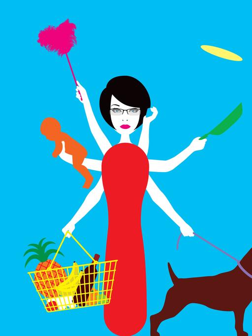 Illustration: Vielbeschäftigte Frau mit mehreren Armen, die ein Baby, einen Feudel, Geschirr, Einkauf und einen Hund balancieren. 