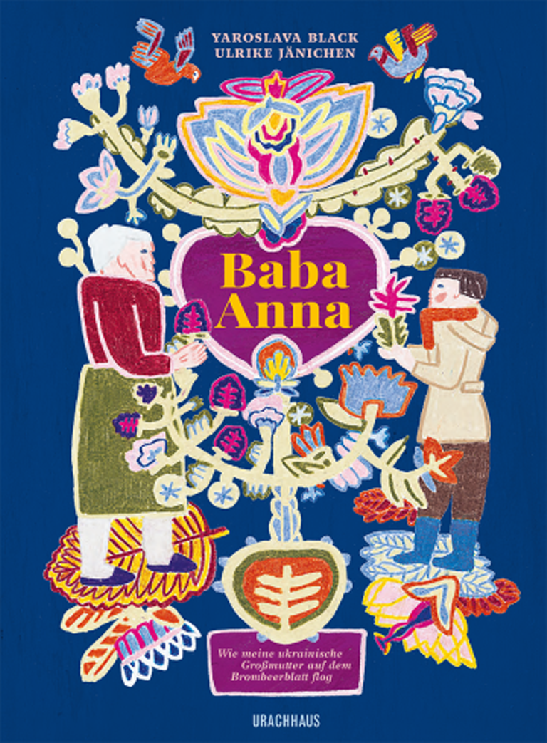 Cover des Kinderbuchs "Baba Anna" von Yaroslava Black, illustriert von Ulrike Jänichen, darauf eine bunte Kinderzeichnung auf blauem Untergrund: zwei Frauen und zwischen ihnen rankende Blumen Cover des Kinderbuchs "Baba Anna" von Yaroslava Black, illustriert von Ulrike Jänichen, darauf eine bunte Kinderzeichnung auf blauem Untergrund: zwei Frauen und zwischen ihnen rankende Blumen