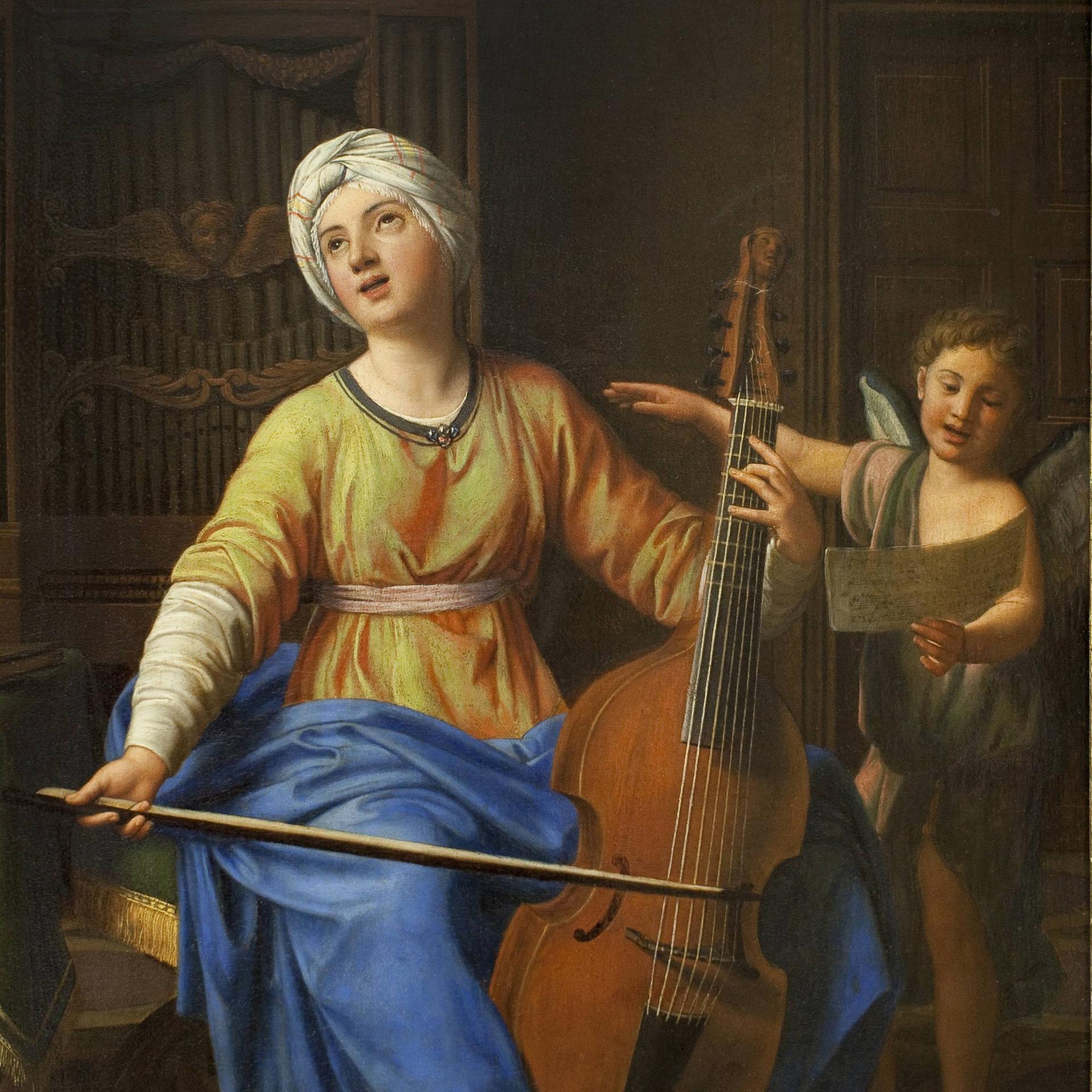 Auf dem Gemälde um 1700 ist eine junge Frau mit Turban zu sehen, die ein altes, celloartiges Saiteninstrument spielt und singt und dabei von einem Putten-Engel unterstützt wird, der ihr das Notenblatt hält.