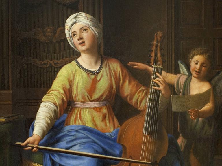 Auf dem Gemälde um 1700 ist eine junge Frau mit Turban zu sehen, die ein altes, celloartiges Saiteninstrument spielt und singt und dabei von einem Putten-Engel unterstützt wird, der ihr das Notenblatt hält.