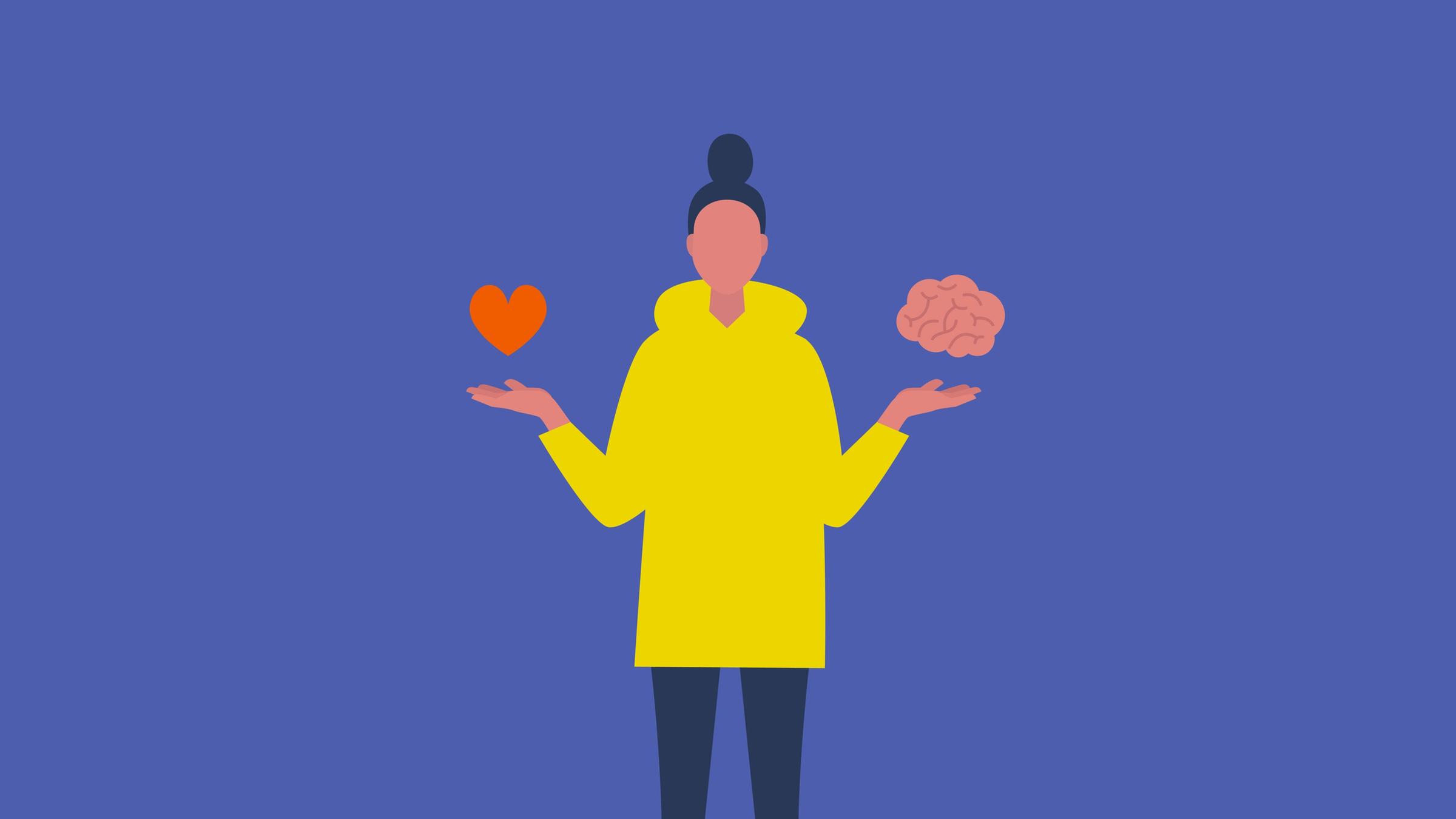 Illustration: Junge weibliche Figur, die in der rechten Hand ein Herz und in der linken ein Gehirn balanciert. 