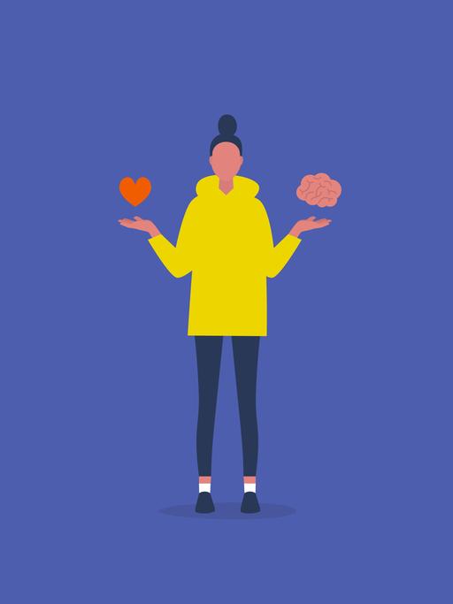 Illustration: Junge weibliche Figur, die in der rechten Hand ein Herz und in der linken ein Gehirn balanciert. 