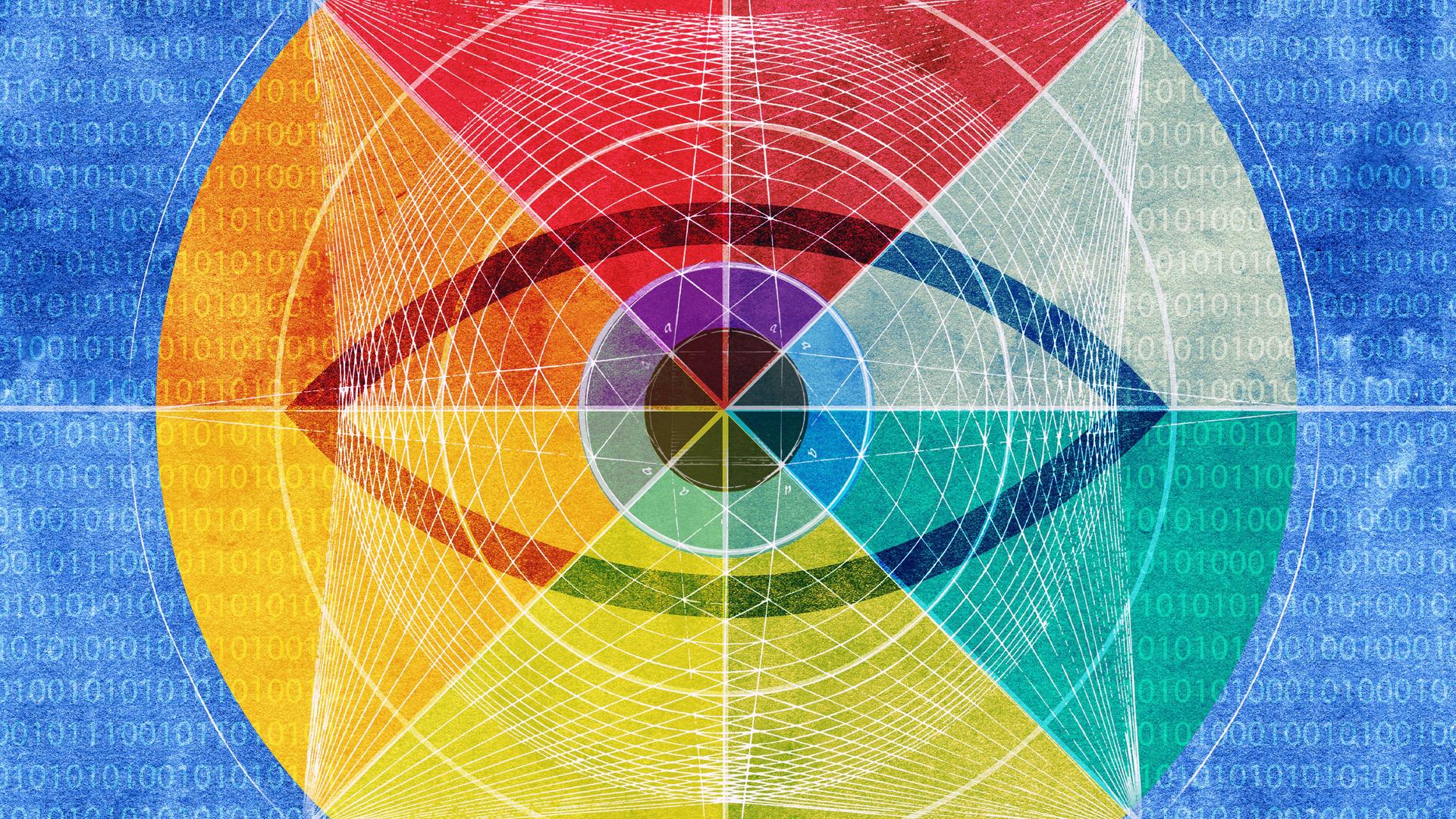 Illustration: Ein Auge im Zentrum eines Netzwerkmusters mit Binärcode unterlegt mit dem Farbenspektrum des Regenbogens. Illustration: Ein Auge im Zentrum eines Netzwerkmusters mit Binärcode unterlegt mit dem Farbenspektrum des Regenbogens.