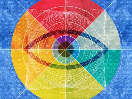 Illustration: Ein Auge im Zentrum eines Netzwerkmusters mit Binärcode unterlegt mit dem Farbenspektrum des Regenbogens.