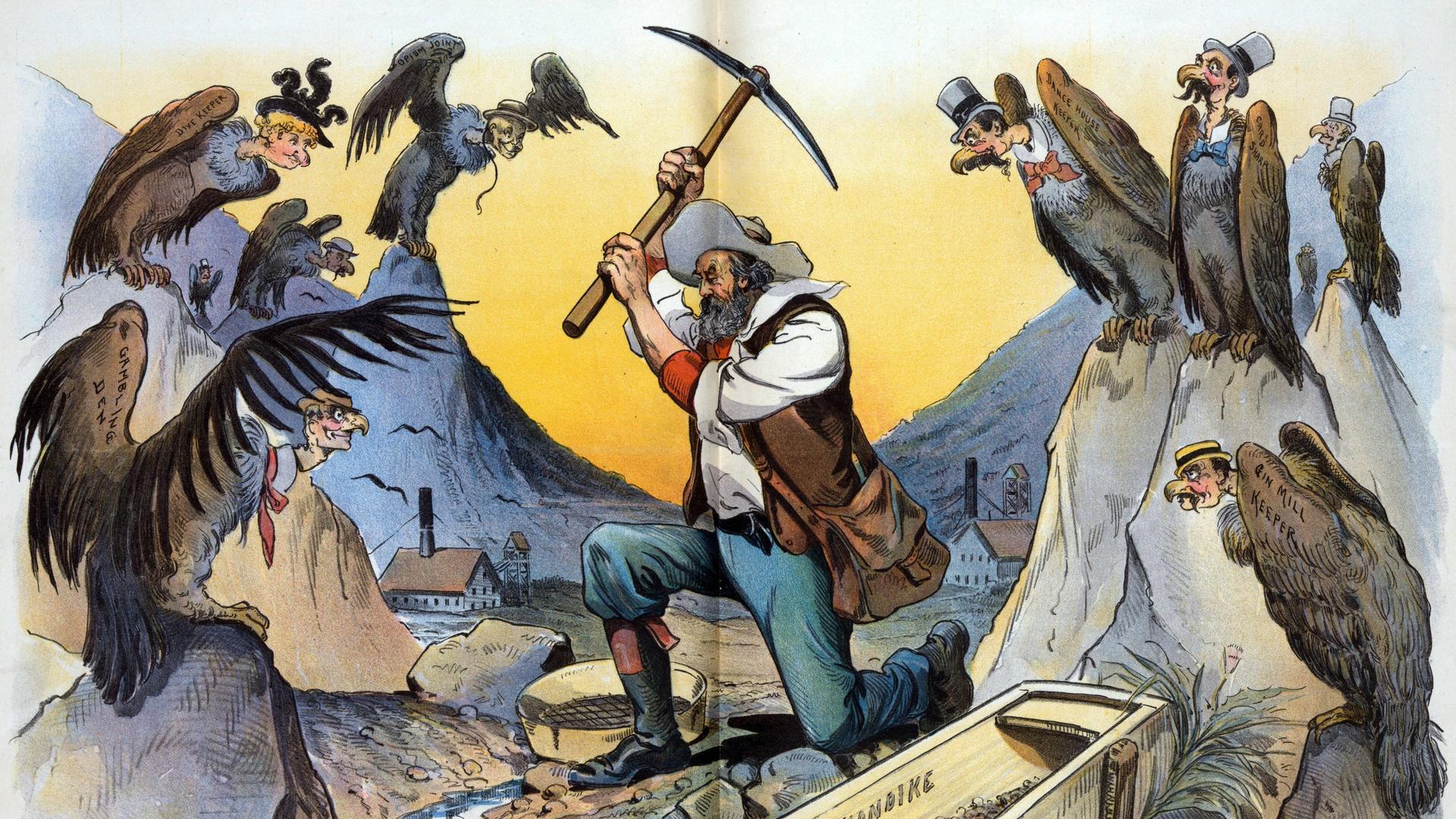 "Stille Teilhaber" so blickte der Karikaturist Louis Dalrymple 1897 auf den gerade ausgebrochenen Klondike-Goldrausch "Stille Teilhaber" so blickte der Karikaturist Louis Dalrymple 1897 auf den gerade ausgebrochenen Klondike-Goldrausch