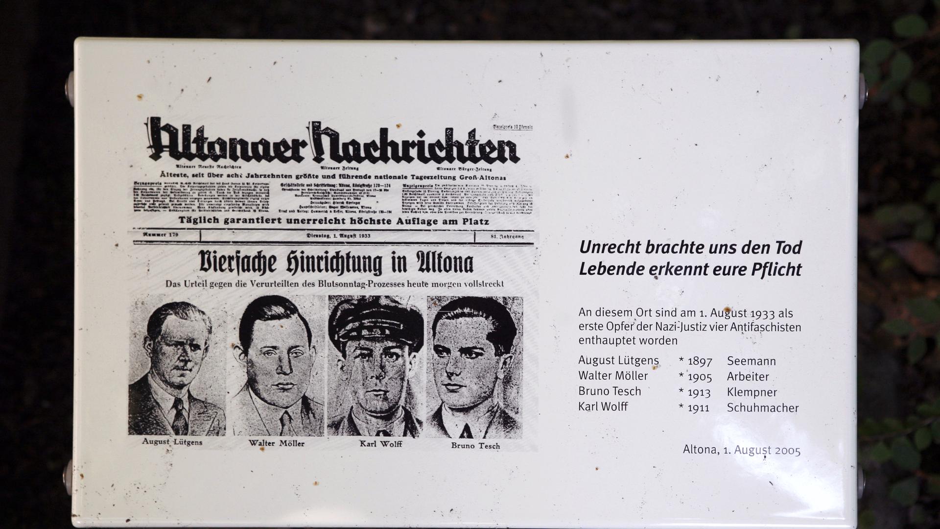 Eine Gedenktafel in einem Hinterhof in Hamburg-Altona zeigt von links nach rechts, August Lütgens, Walter Möller, Karl Wolff und Bruno Tesch. Sie wurden als vermeintliche als kommunistische Rädelsführer am 1. August 1933 in Altona mit dem Handbeil geköpft: die ersten politischen Hinrichtungen der NS-Herrschaft. Eine Gedenktafel in einem Hinterhof in Hamburg-Altona zeigt von links nach rechts, August Lütgens, Walter Möller, Karl Wolff und Bruno Tesch. Sie wurden als vermeintliche als kommunistische Rädelsführer am 1. August 1933 in Altona mit dem Handbeil geköpft: die ersten politischen Hinrichtungen der NS-Herrschaft.