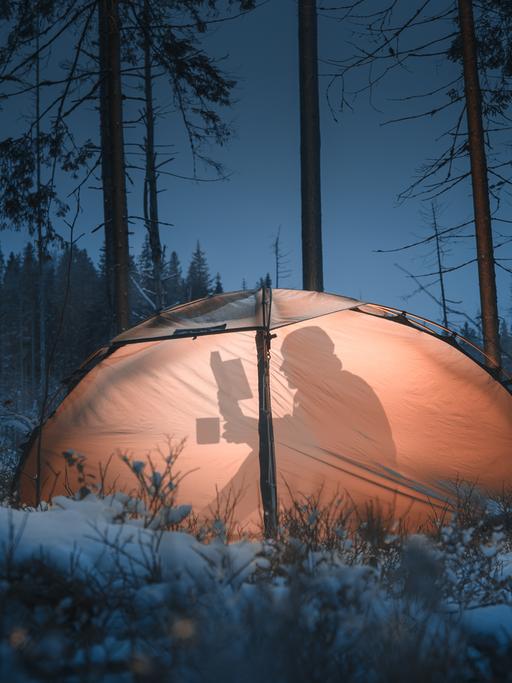 Eine Person sitzt in einer Winterlandschaft in einem Zelt und liest ein Buch bei Taschenlampenschein. Der Schatten ist von außen zu sehen.