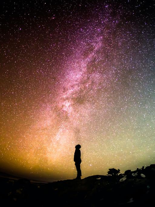 Unter einem bunten Sternenhimmel ist die Silhouette einer Person, die nach oben schaut, zu erkennen.