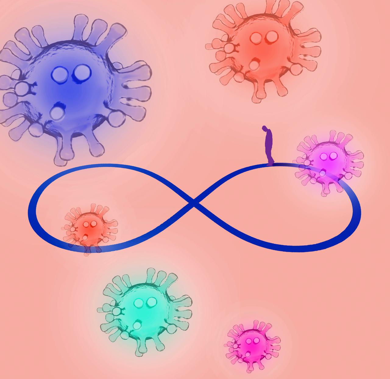 Mann umgeben von Covid-Virus-Organismen geht auf einem Unendlichkeitssymbol Mann umgeben von Covid-Virus-Organismen geht auf einem Unendlichkeitssymbol