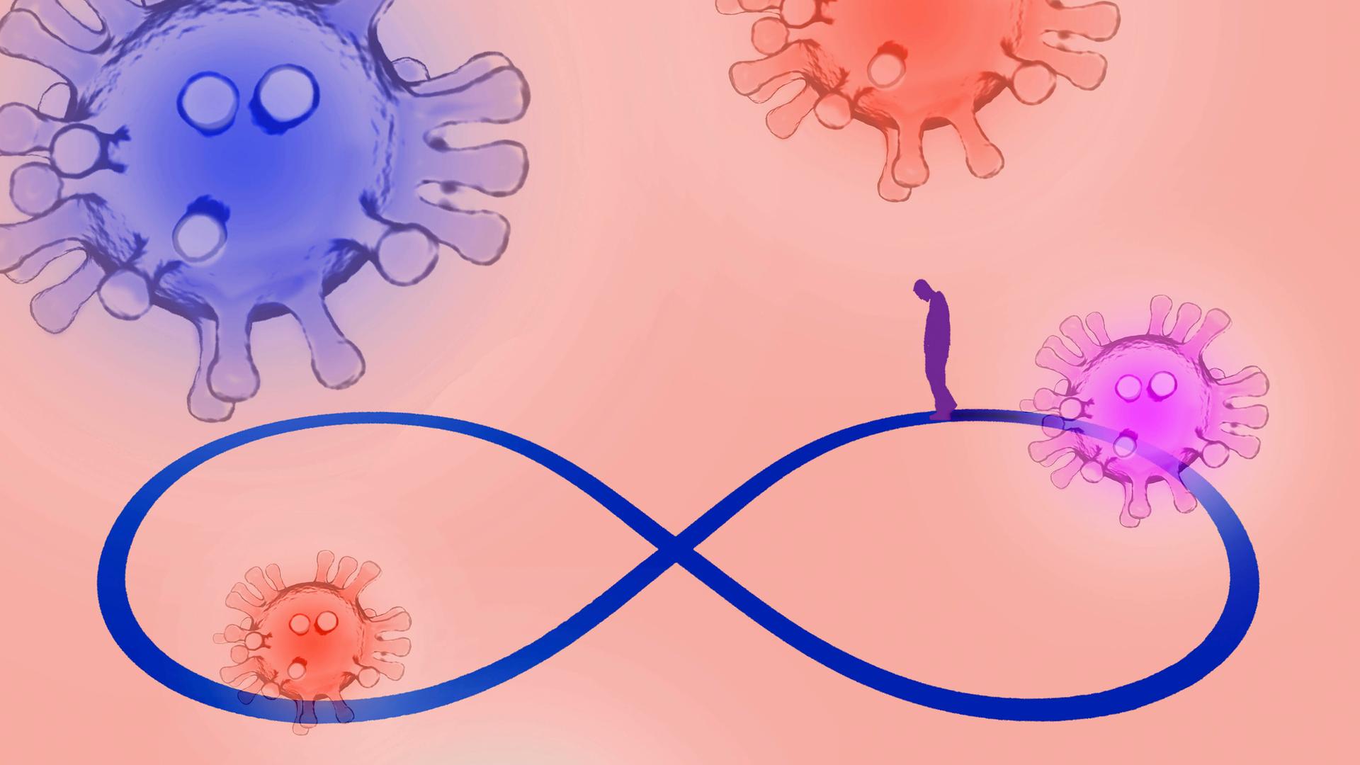 Ein Mann ist umgeben von Covid-Virus-Organismen und geht auf einem Unendlichkeitssymbol. Ein Mann ist umgeben von Covid-Virus-Organismen und geht auf einem Unendlichkeitssymbol.