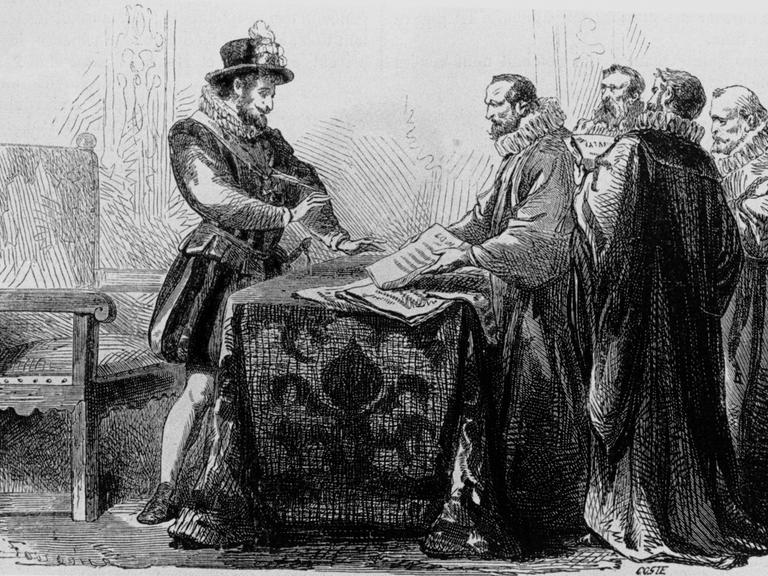 Der französische König Heinrich IV. unterzeichnet 1598 Edikt Nantes - Édit de Nantes - Gravur von Charles Lahure aus dem Jahr 1862.