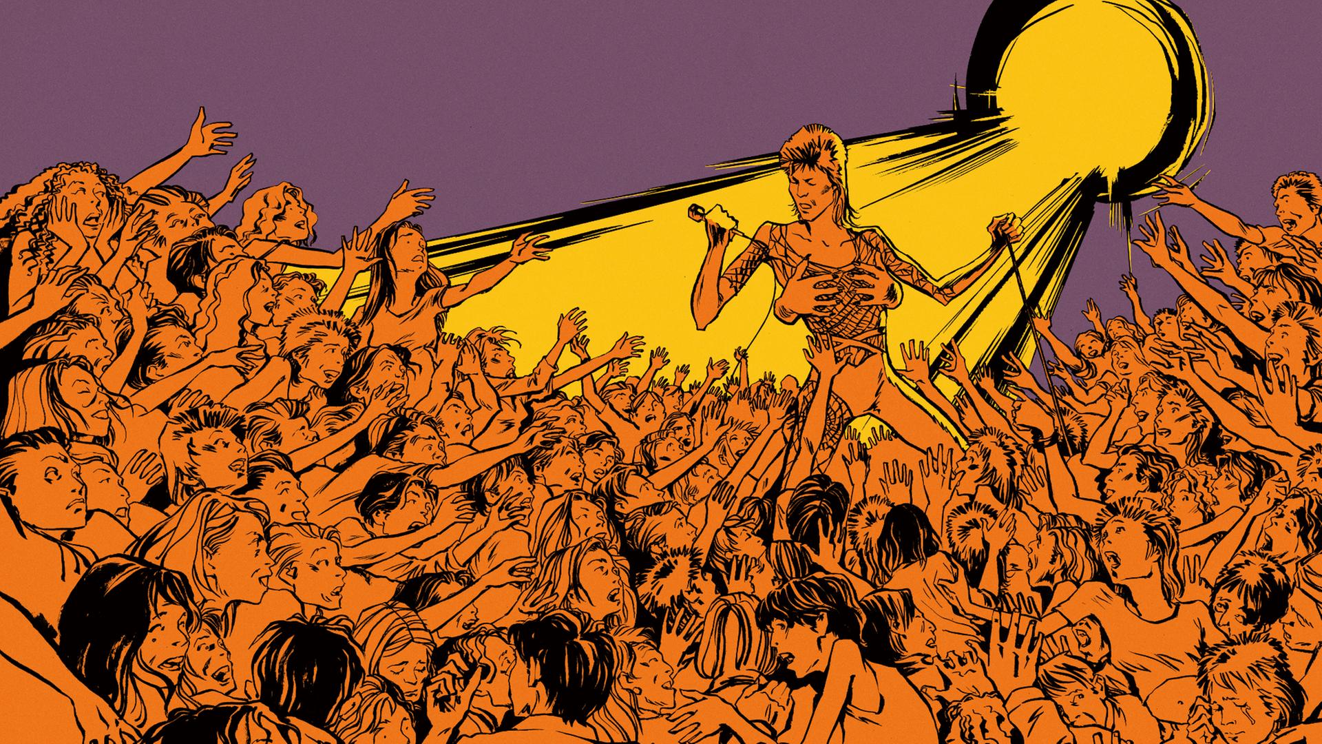 Bild aus dem Comic "Starman": David Bowie steht auf einer Bühne, umringt vom Publikum. Bild aus dem Comic "Starman": David Bowie steht auf einer Bühne, umringt vom Publikum.