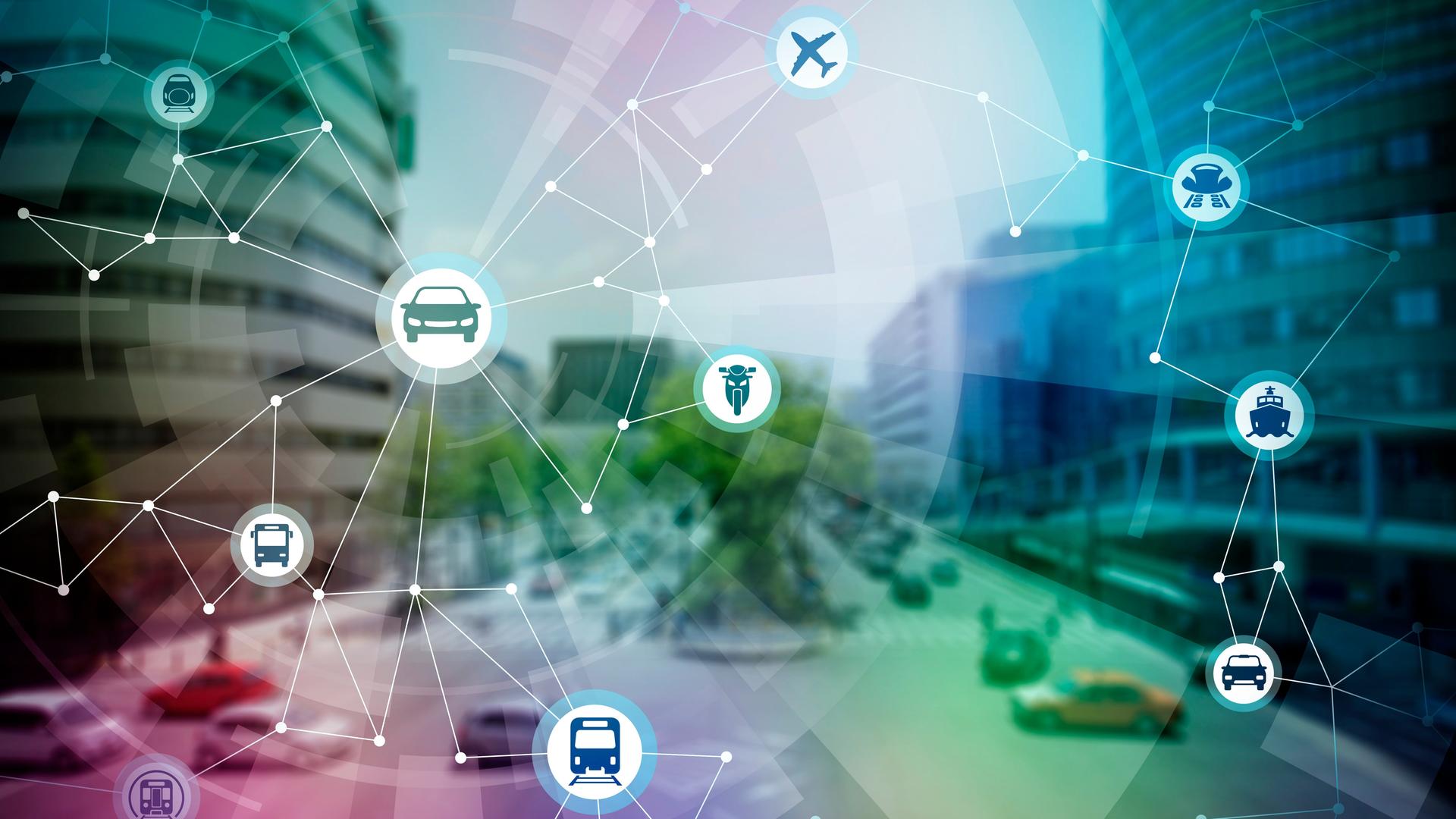 Illustration mehrerer Verkehrsmittel über einem städtisch-ländlichen Hintergrund. Illustration mehrerer Verkehrsmittel über einem städtisch-ländlichen Hintergrund.