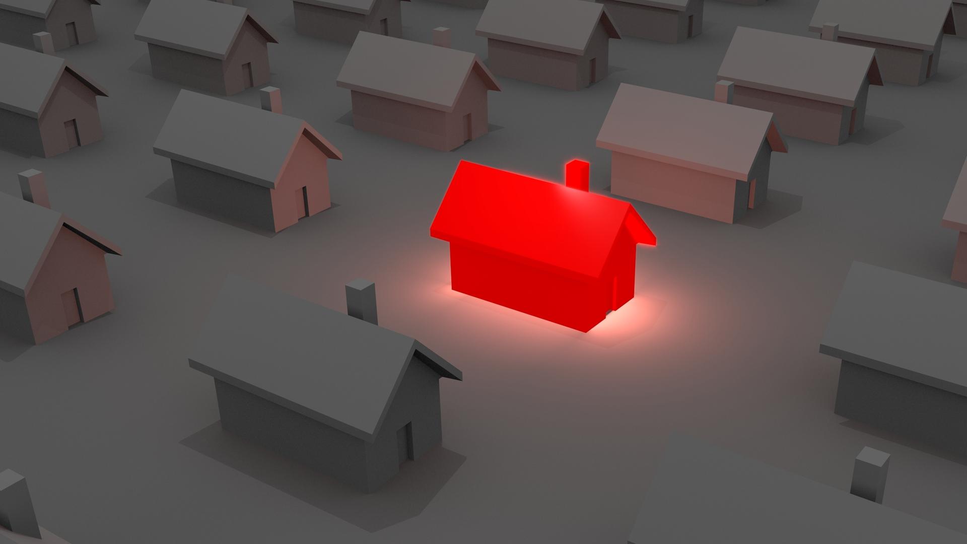 Illustration: Ein glühendes rotes Haus zwischen grauen Häusern. Illustration: Ein glühendes rotes Haus zwischen grauen Häusern.