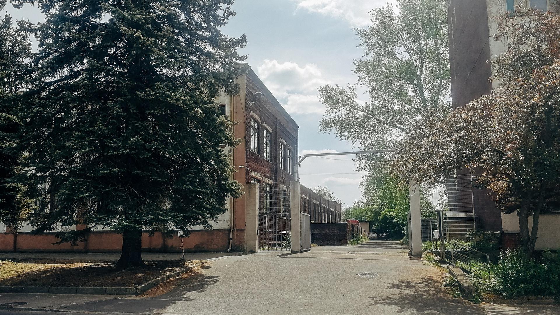 Bei der Zufahrt der Kamernzer Str. 12 in Leipzig stehen Bäume vor den gemauerten Gebäuden. Bei der Zufahrt der Kamernzer Str. 12 in Leipzig stehen Bäume vor den gemauerten Gebäuden.