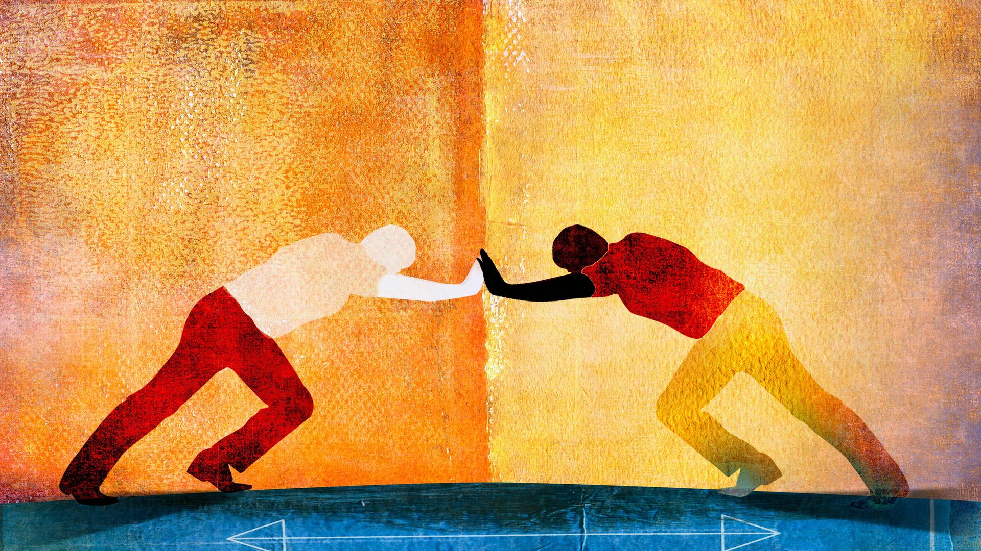 Orange-gelb-blaue Illustration zweier Personen, die konfrontativ gegeneinander drücken. Darunter vor blauem Hintergrund weisse Pfeile die sowohl nach links als auch nach rechts zeigen. Orange-gelb-blaue Illustration zweier Personen, die konfrontativ gegeneinander drücken. Darunter vor blauem Hintergrund weisse Pfeile die sowohl nach links als auch nach rechts zeigen.