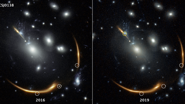 2016 leuchteten drei Bilder derselben Supernova auf, das vierte (oben) wird erst in etwa 15 Jahren erwartet
