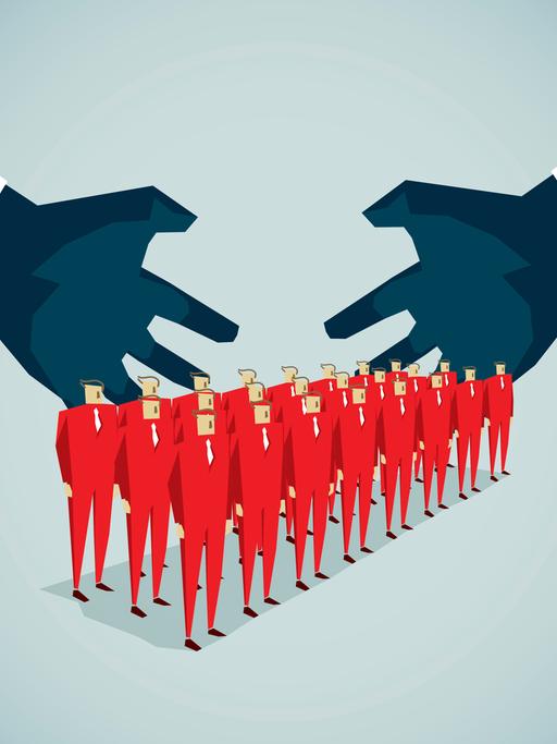 Illustration: Kontrolle von Menschen. Zwei grosse übermächtige Hände greifen nach einer Menschenmasse.