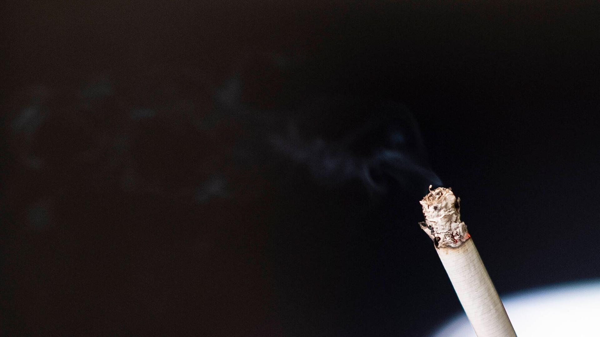 Eine brennende Zigarette mit kleiner Aschenspitze vor dunklem Hintergrund. Das Bild illustriert die Zunahme an Rauchern in Deutschland.