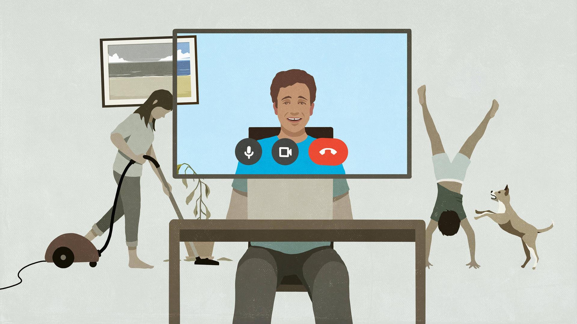 Zeichnung: Eine Person sitzt vor einem Bildschirm in einer Videokonferenz, im Hintergrund wird gesaugt und Kind und Hund spielen. Zeichnung: Eine Person sitzt vor einem Bildschirm in einer Videokonferenz, im Hintergrund wird gesaugt und Kind und Hund spielen.