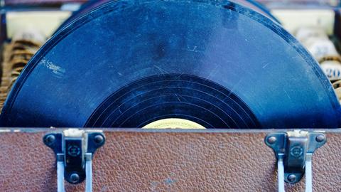 In einem aufgeklappten Koffer stehen viele Platten.