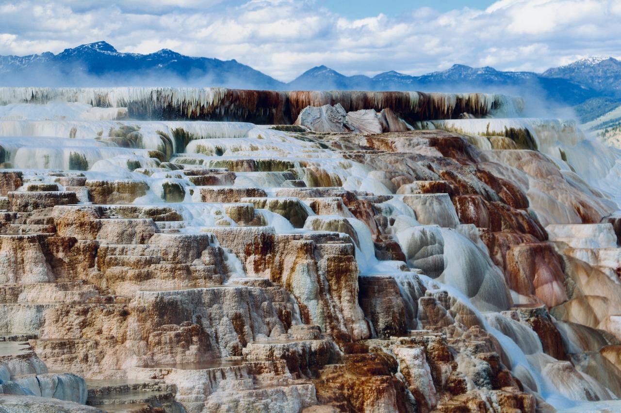 Nebel steigt von den natürlichen Stufen der Mammoth Hot Springs auf. Nebel steigt von den natürlichen Stufen der Mammoth Hot Springs auf.