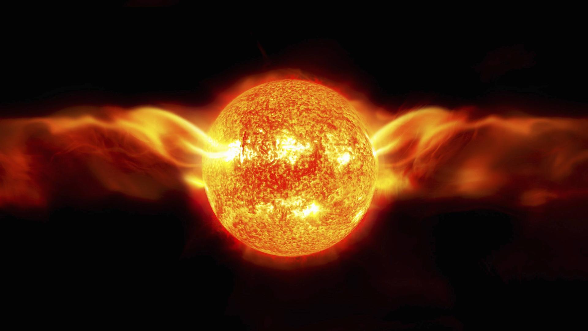 Kosmische Darstellung der Sonne mit feurigen Eruptionswolken im dunklen Raum. Kosmische Darstellung der Sonne mit feurigen Eruptionswolken im dunklen Raum.