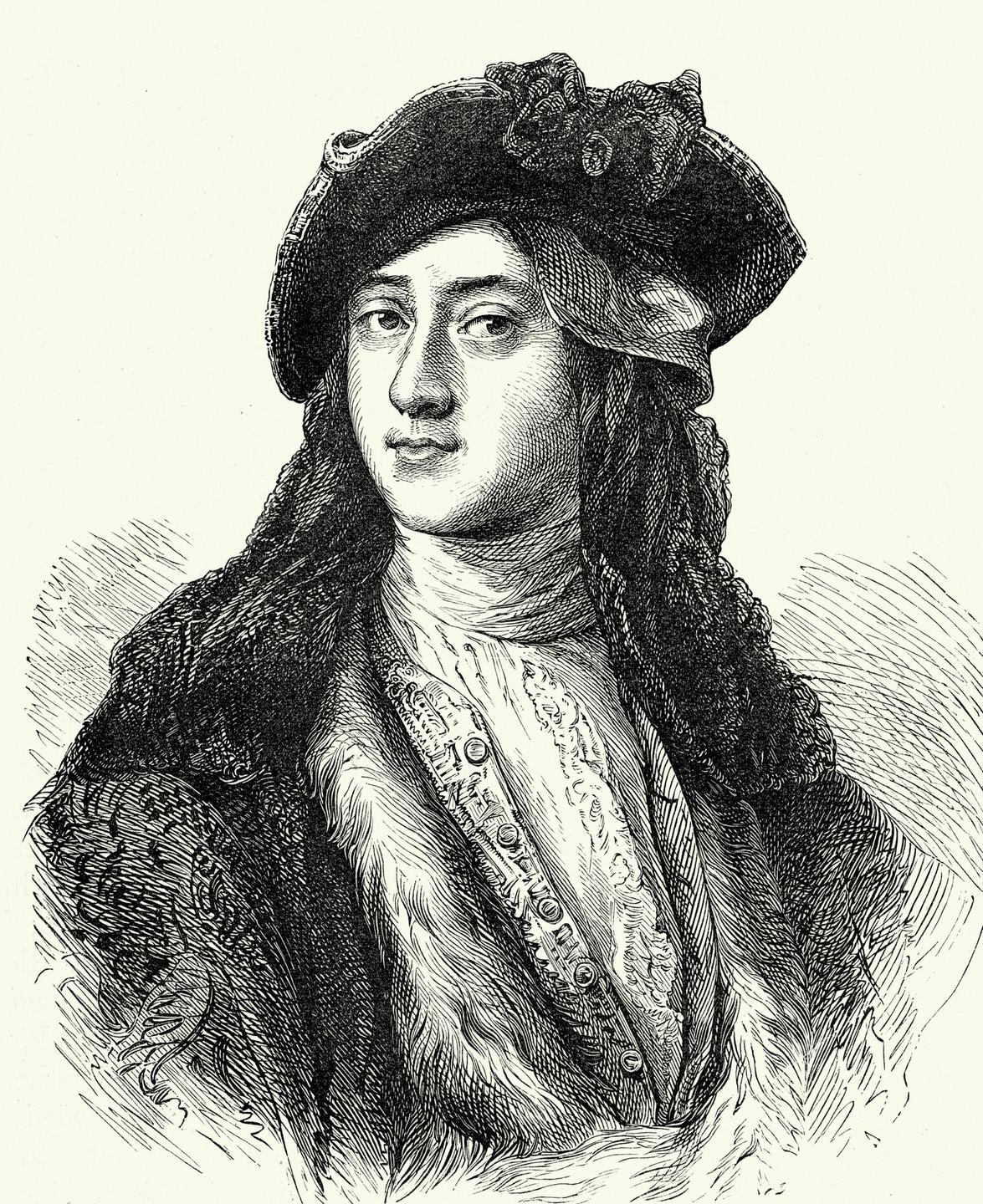 Porträtzeichnung von Horace Walpole in schwarz vor weissem Hintergrund. Porträtzeichnung von Horace Walpole in schwarz vor weissem Hintergrund.