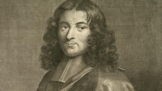 Historischer Kupferstich eines Mannes mit langen Haaren. Es handelt sich um den französischen Philosophen Pierre Bayle (1647 - 1706) 