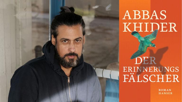 Der Schriftsteller Abbas Khider und das Covers seines Romans „Der Erinnerungsfälscher“
