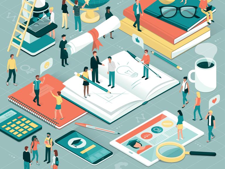 Illustration mehrerer Student*innen, die in einer Miniaturwelt auf Büchern sitzen, auf Tablets sitzen und miteinander interagieren.